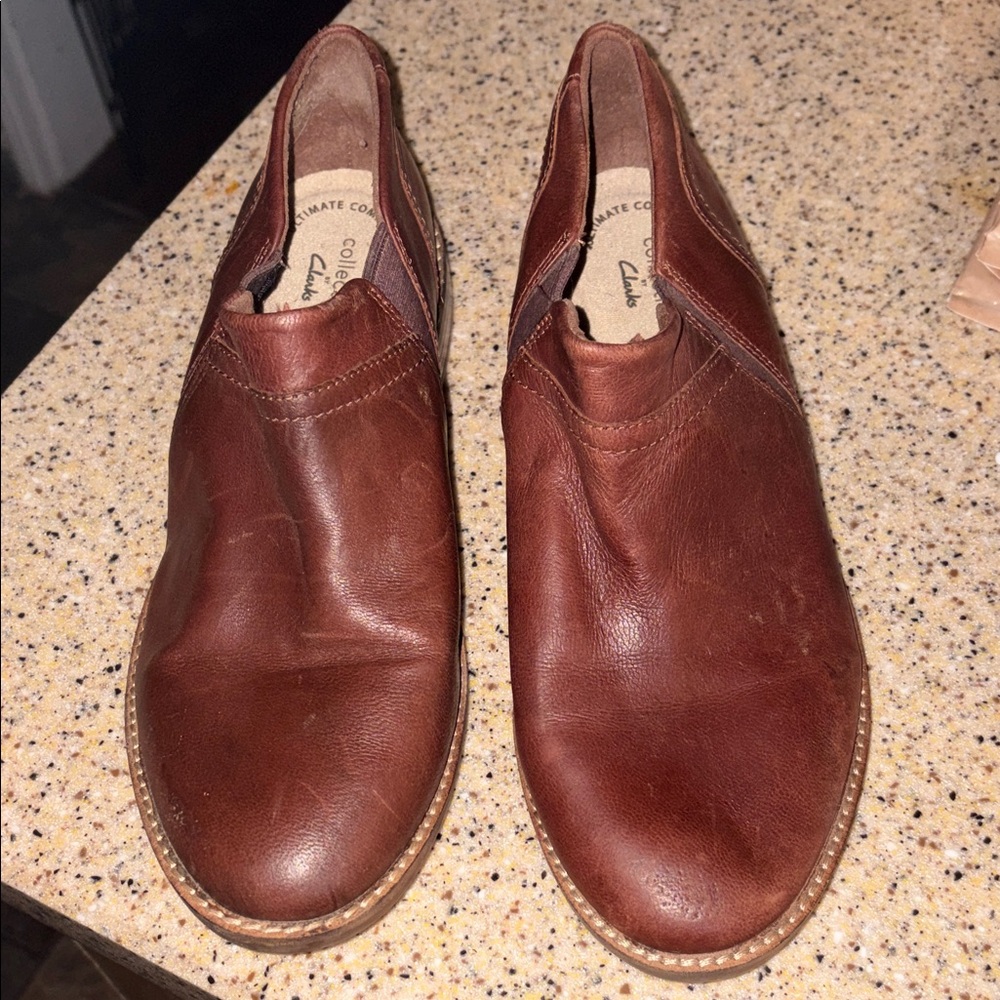 Clarks Tan Leather Slip On Loafers